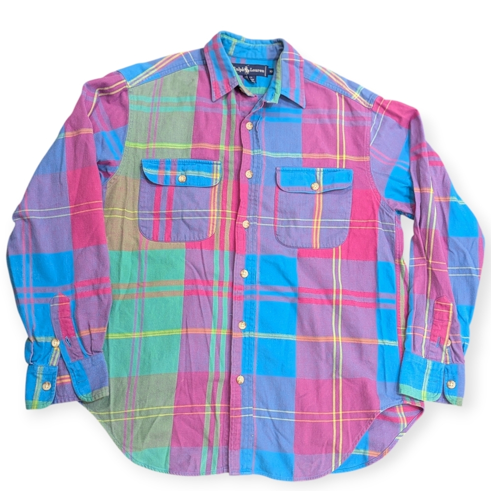Ralph Lauren Women's Long Sleeve Button-up Flannel multicolored Shirt Flap Front